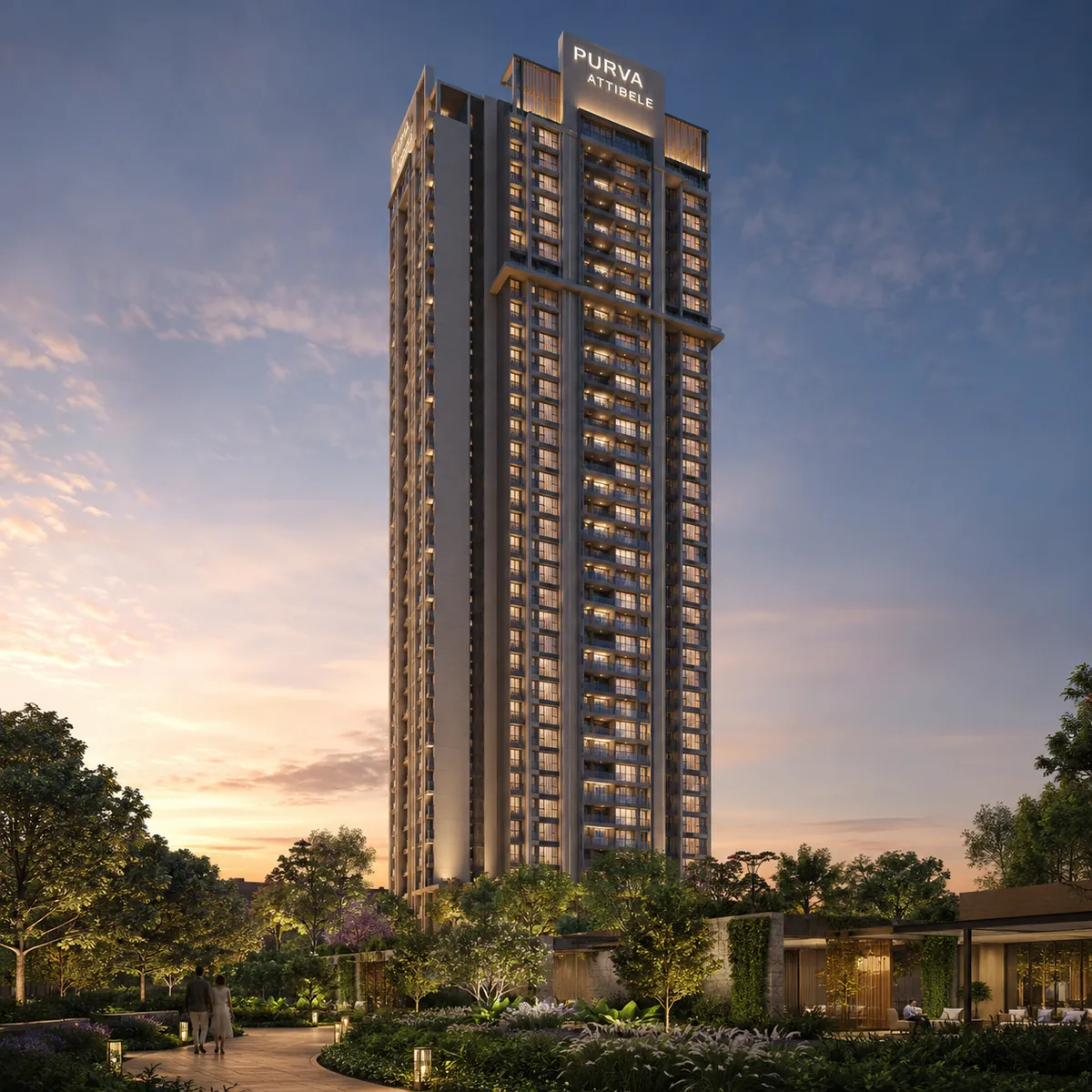 Purva Attibele tower exterior — 80-metre high-rise elevation at dusk