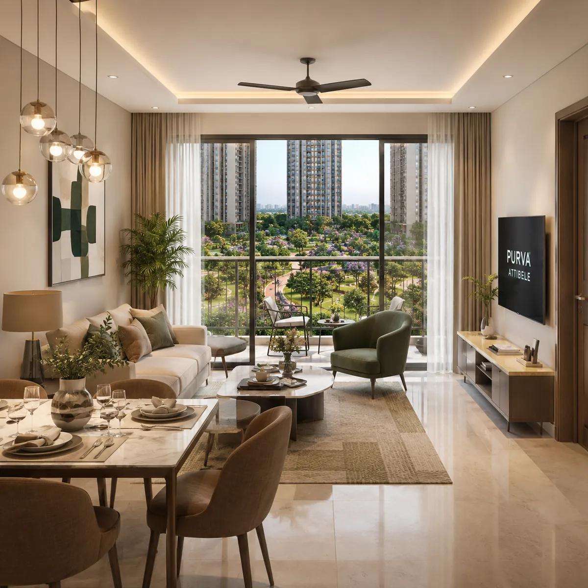 Purva Attibele living and dining interior with balcony outlook over the podium