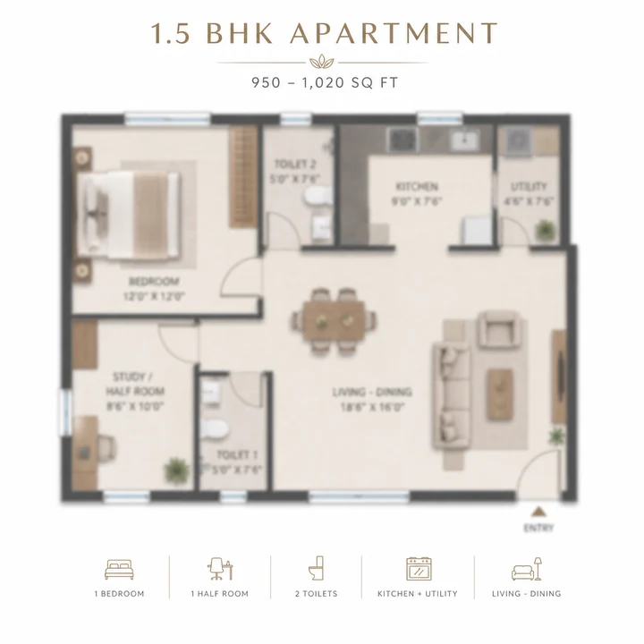 1.5 BHK floor plan reference at Purva Attibele — 950–1,020 sq ft super built-up
