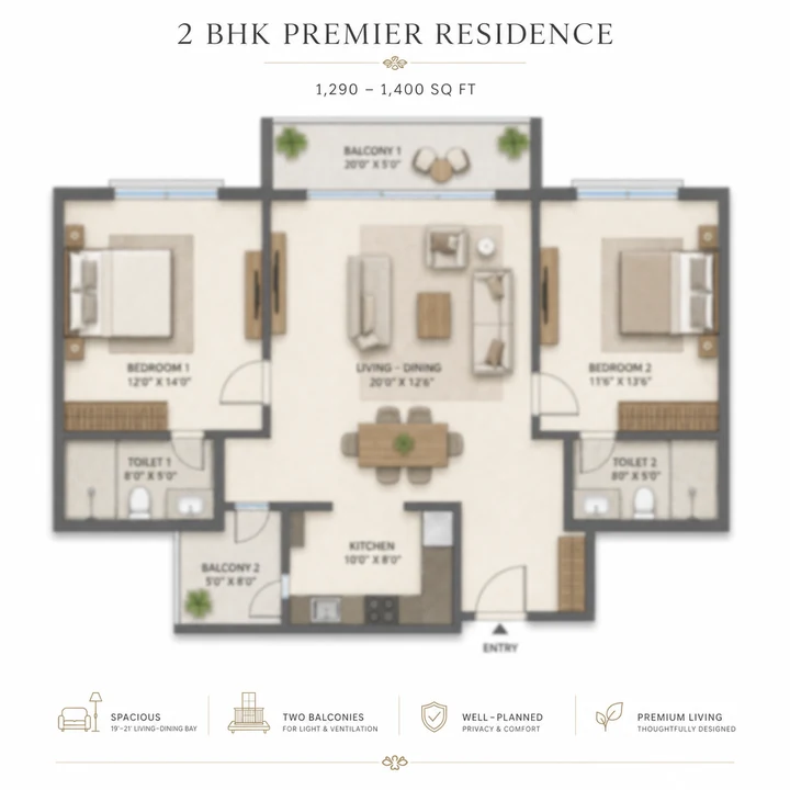 2 BHK floor plan reference at Purva Attibele — 1,290–1,400 sq ft super built-up