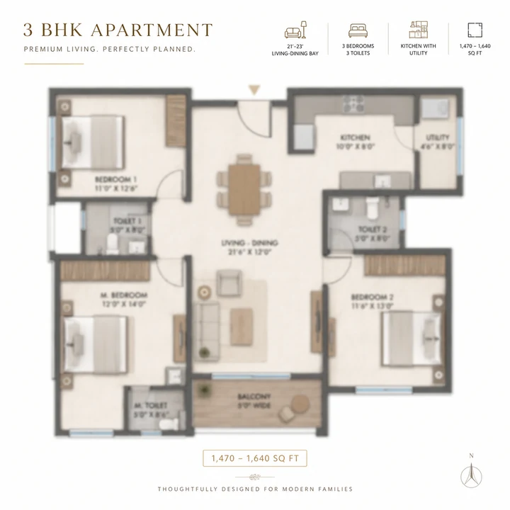 3 BHK floor plan reference at Purva Attibele — 1,470–1,640 sq ft super built-up